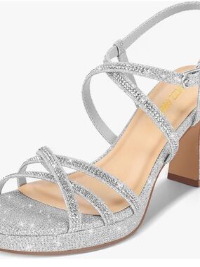Glitter Strappy Block Heel Sandals in Silver